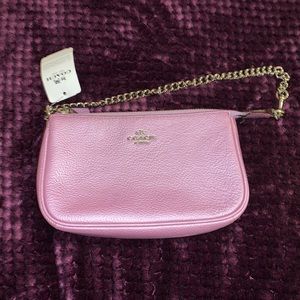 metallic lilac coach clutch